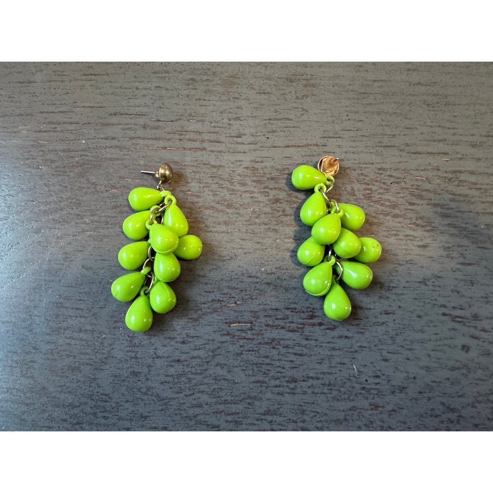 Lime Green Cluster Dangle Earrings Fruit Grape Style Teardrop Bead Gold Tone